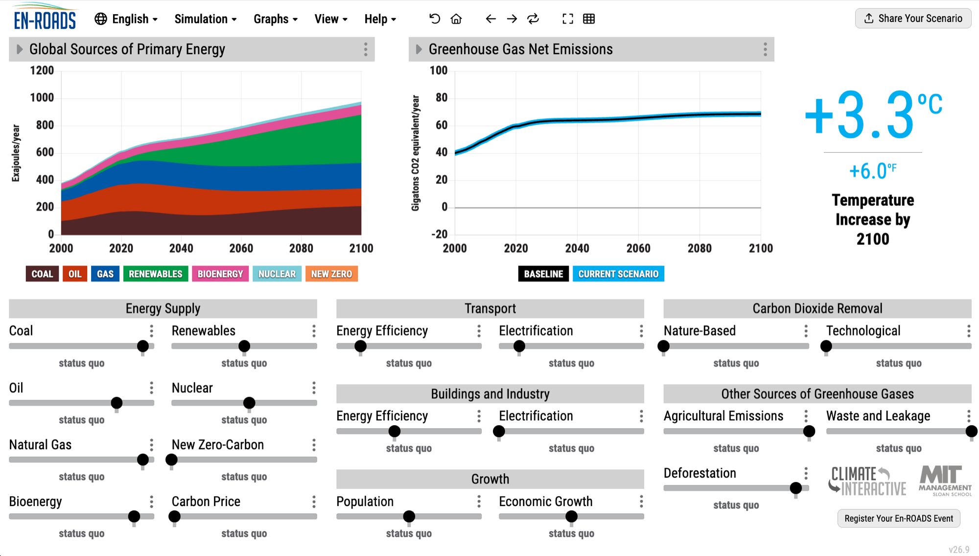 The En-ROADS main interface with policy sliders and graphs
