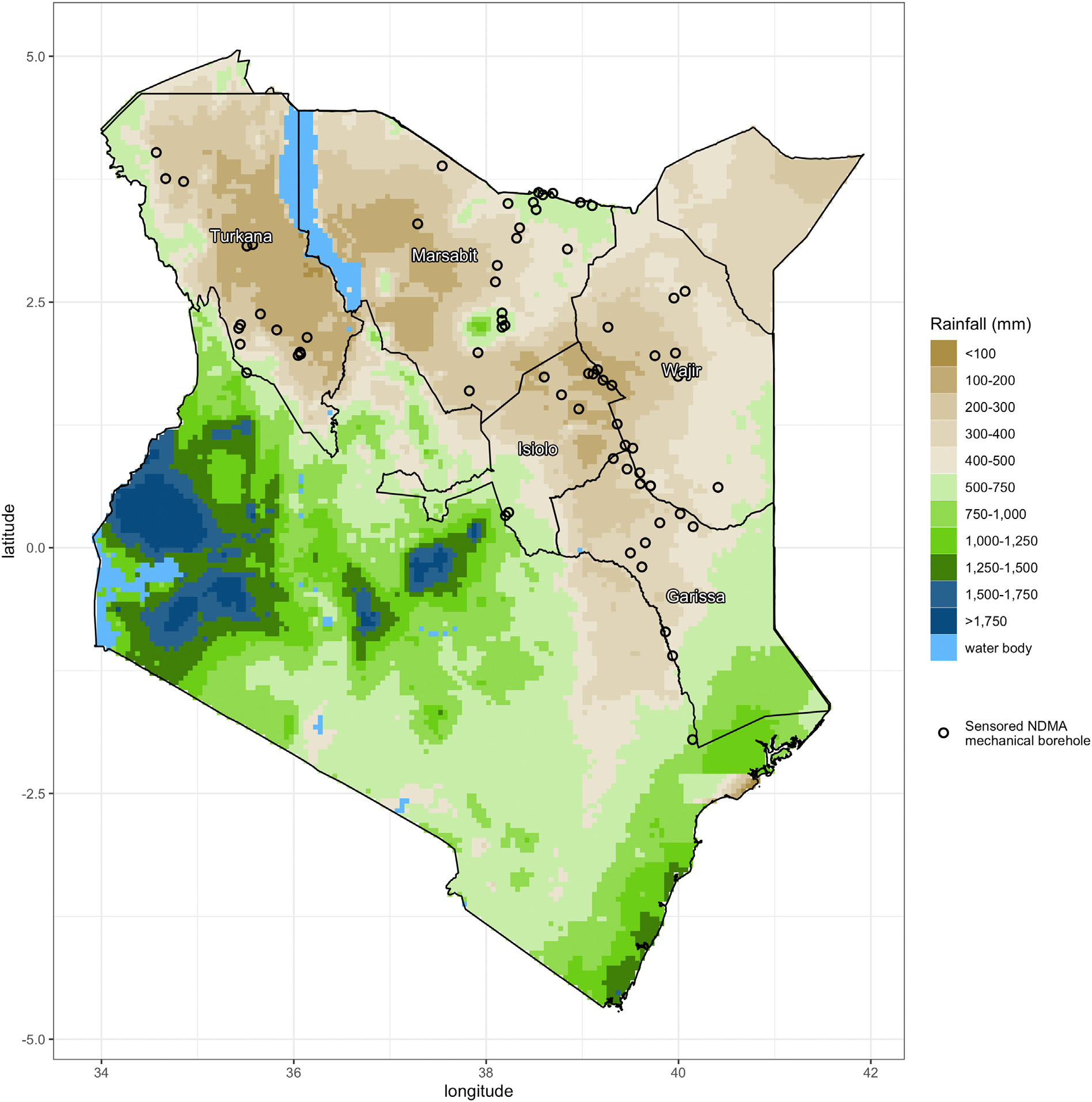 Kenya ASAL study area showing 69 sensored NDMA boreholes and mean annual rainfall