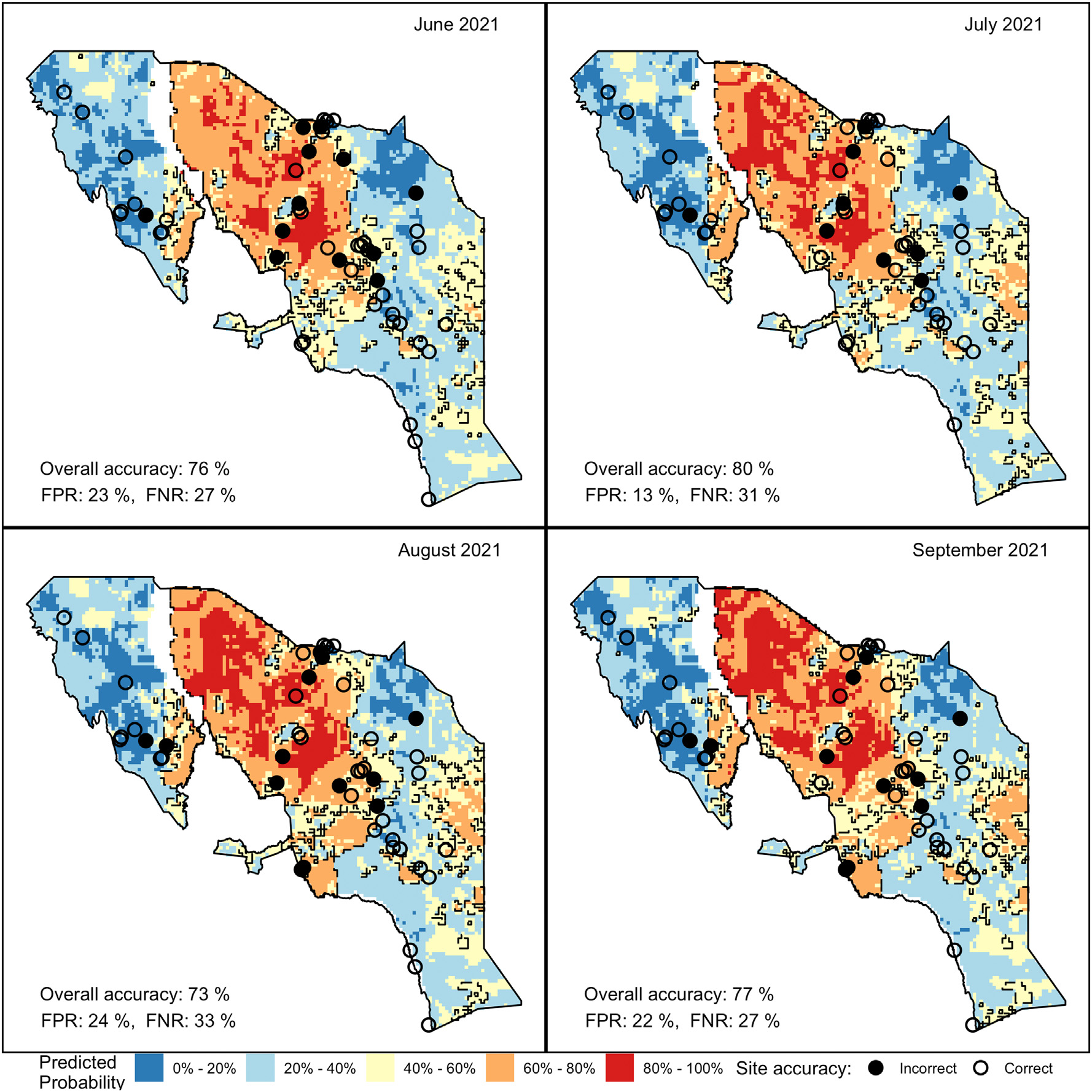 4-panel map of predicted groundwater demand probability June-September 2021, Kenya ASALs
